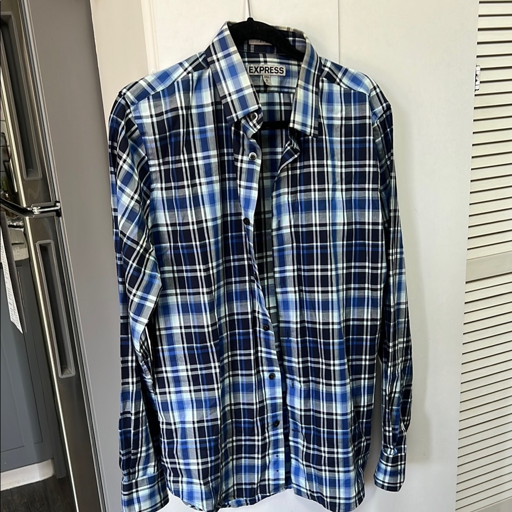 Express Blue Plaid Casual Button Down Shirt